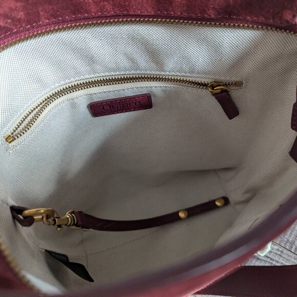Quince Italian Suede Bucket Crossbody Leather Bag Merlot Burgundy Brass Minimal - Picture 8 of 13